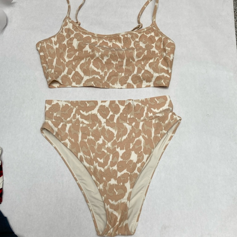 Aerie neutral leopard 2 pc crop top high cheeky swim suit M top — L bottom